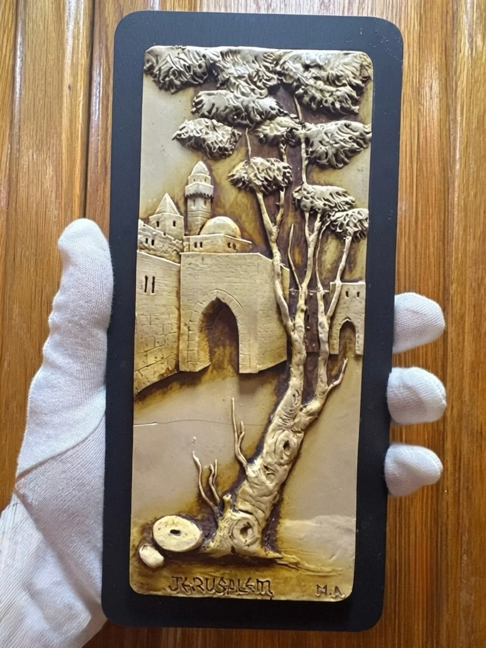 Vintage Jerusalem 3D Bas Relief Wall Plaque Art Signed M.A. Judaica